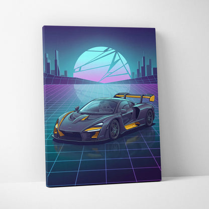 McLaren Senna Inspired Black Yellow Canvas Wall Art, Neon Vaporwave Hypercar Artwork for Futuristic Garage Decor