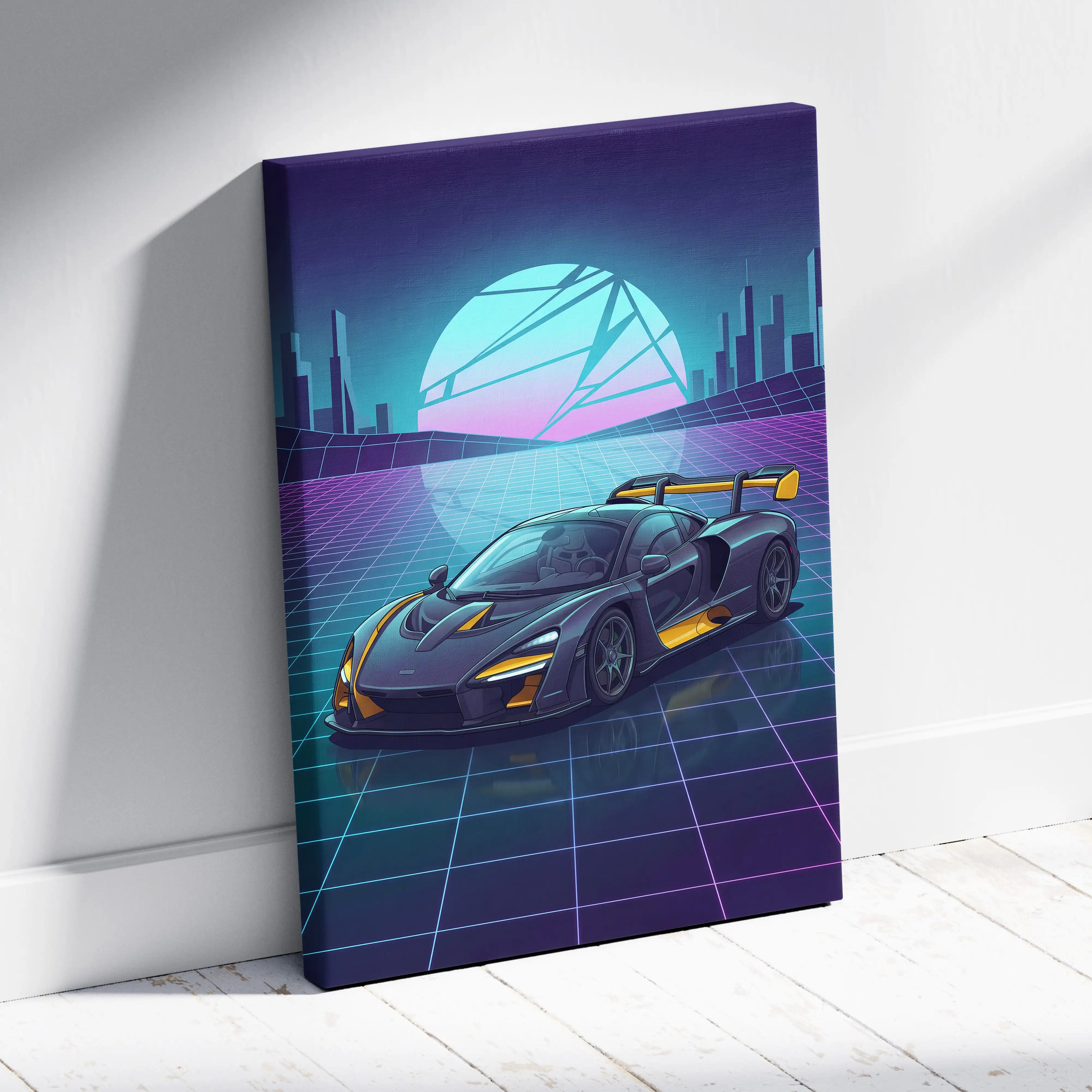 McLaren Senna Inspired Black Yellow Canvas Wall Art, Neon Vaporwave Hypercar Artwork for Futuristic Garage Decor