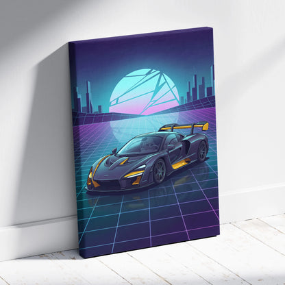 McLaren Senna Inspired Black Yellow Canvas Wall Art, Neon Vaporwave Hypercar Artwork for Futuristic Garage Decor