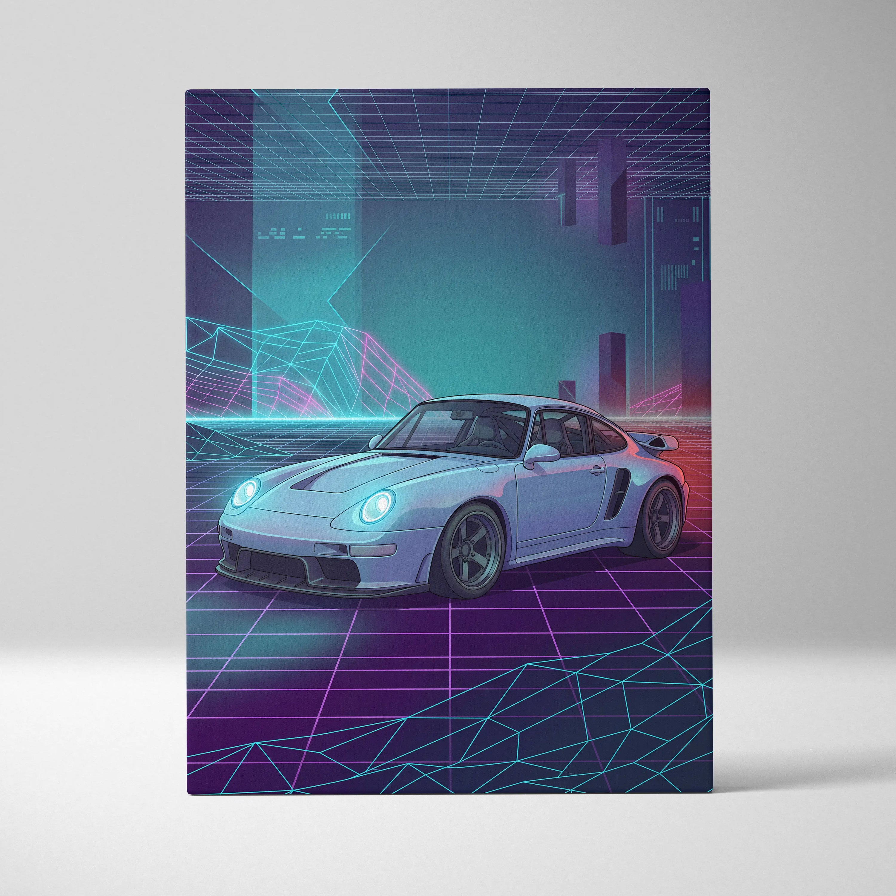Porsche 911 Classic Inspired White Purple Canvas Wall Art, Vaporwave Sports Car Artwork, Neon Grid Garage Decor, Retro Futuristic Auto Print
