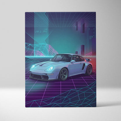 Porsche 911 Classic Inspired White Purple Canvas Wall Art, Vaporwave Sports Car Artwork, Neon Grid Garage Decor, Retro Futuristic Auto Print