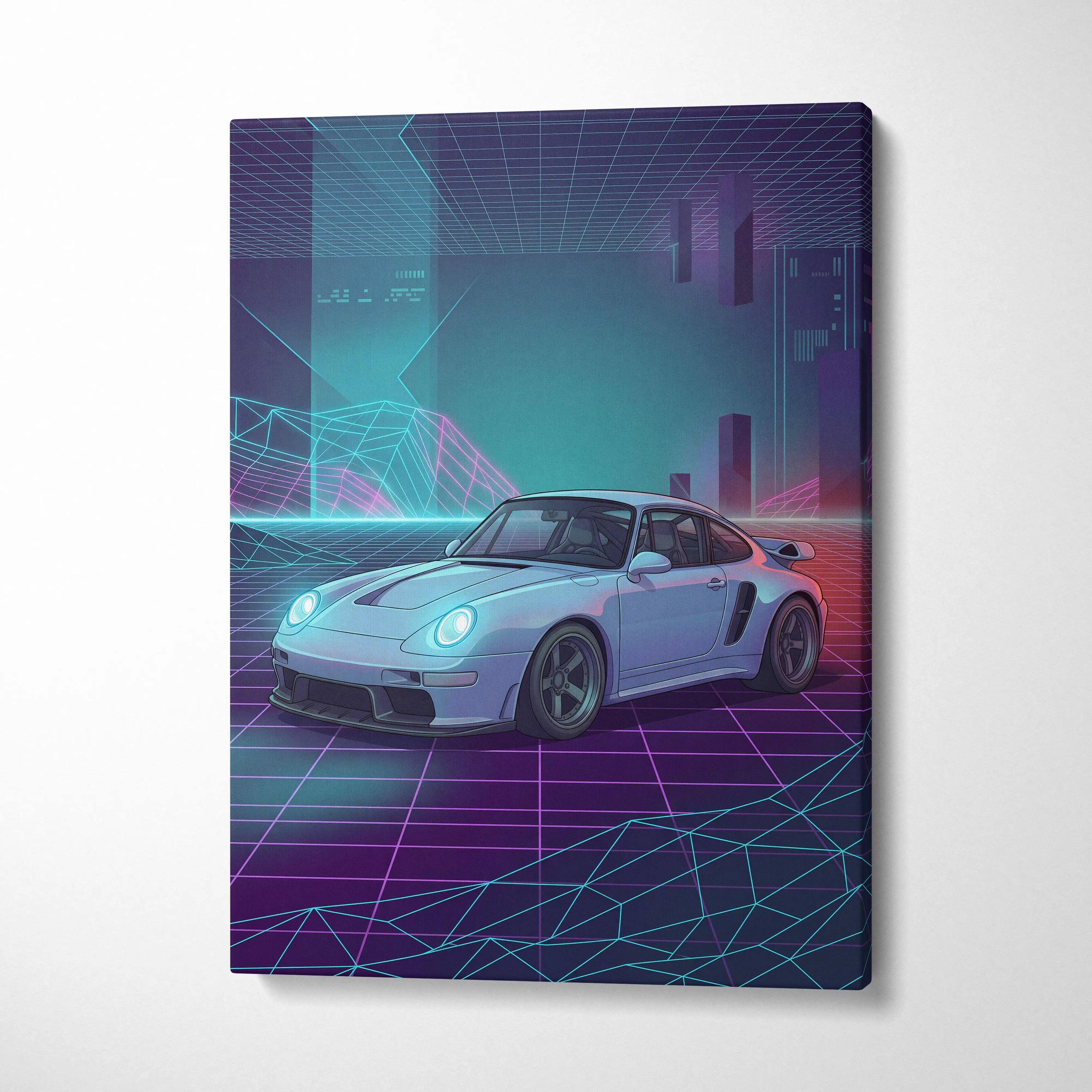 Porsche 911 Classic Inspired White Purple Canvas Wall Art, Vaporwave Sports Car Artwork, Neon Grid Garage Decor, Retro Futuristic Auto Print