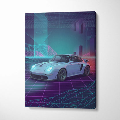 Porsche 911 Classic Inspired White Purple Canvas Wall Art, Vaporwave Sports Car Artwork, Neon Grid Garage Decor, Retro Futuristic Auto Print