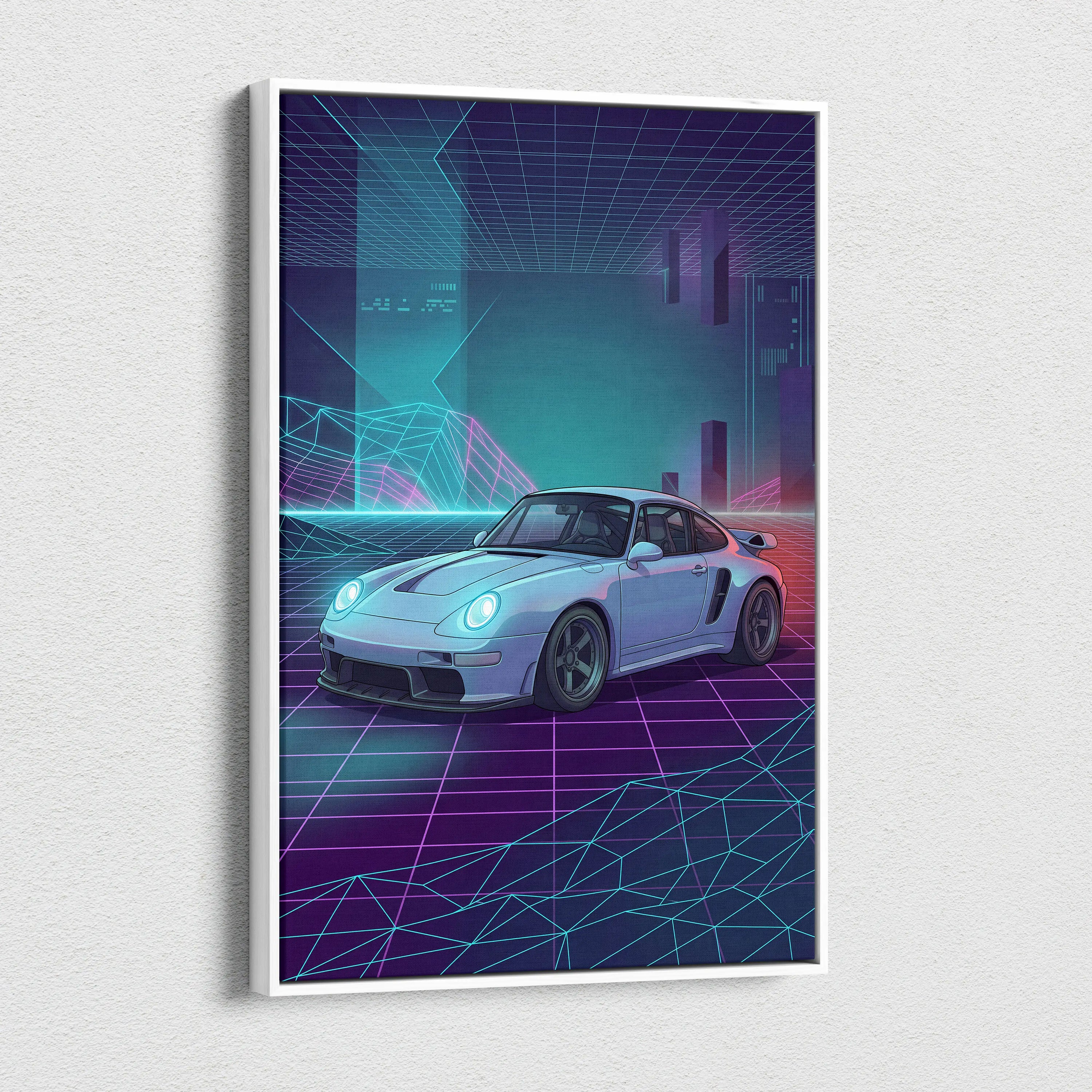 Porsche 911 Classic Inspired White Purple Canvas Wall Art, Vaporwave Sports Car Artwork, Neon Grid Garage Decor, Retro Futuristic Auto Print