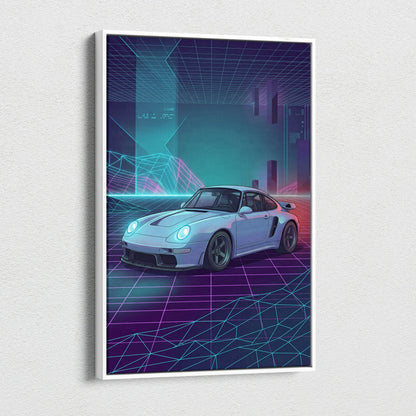 Porsche 911 Classic Inspired White Purple Canvas Wall Art, Vaporwave Sports Car Artwork, Neon Grid Garage Decor, Retro Futuristic Auto Print