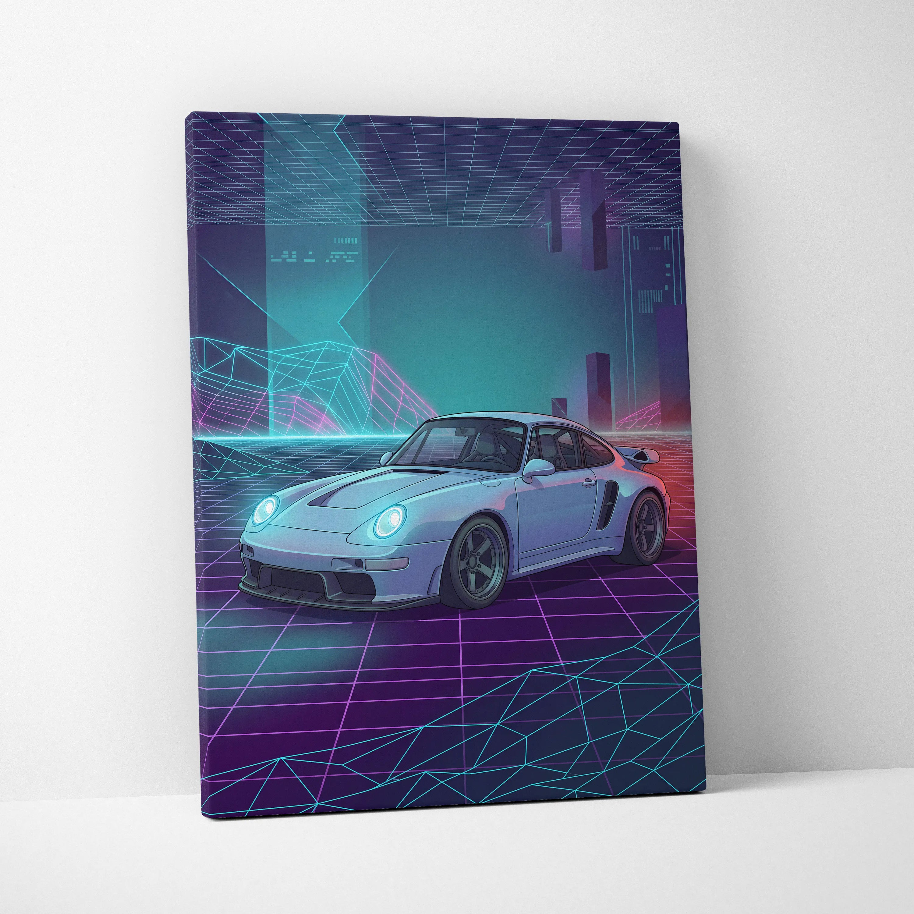 Porsche 911 Classic Inspired White Purple Canvas Wall Art, Vaporwave Sports Car Artwork, Neon Grid Garage Decor, Retro Futuristic Auto Print