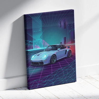 Porsche 911 Classic Inspired White Purple Canvas Wall Art, Vaporwave Sports Car Artwork, Neon Grid Garage Decor, Retro Futuristic Auto Print