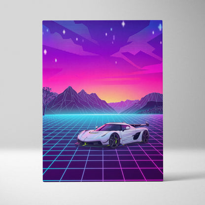 Koenigsegg Jesko Inspired White Pink Canvas Wall Art, Vaporwave Hypercar Artwork, Neon Grid Mountain Decor, Retro Futuristic Exotic Print