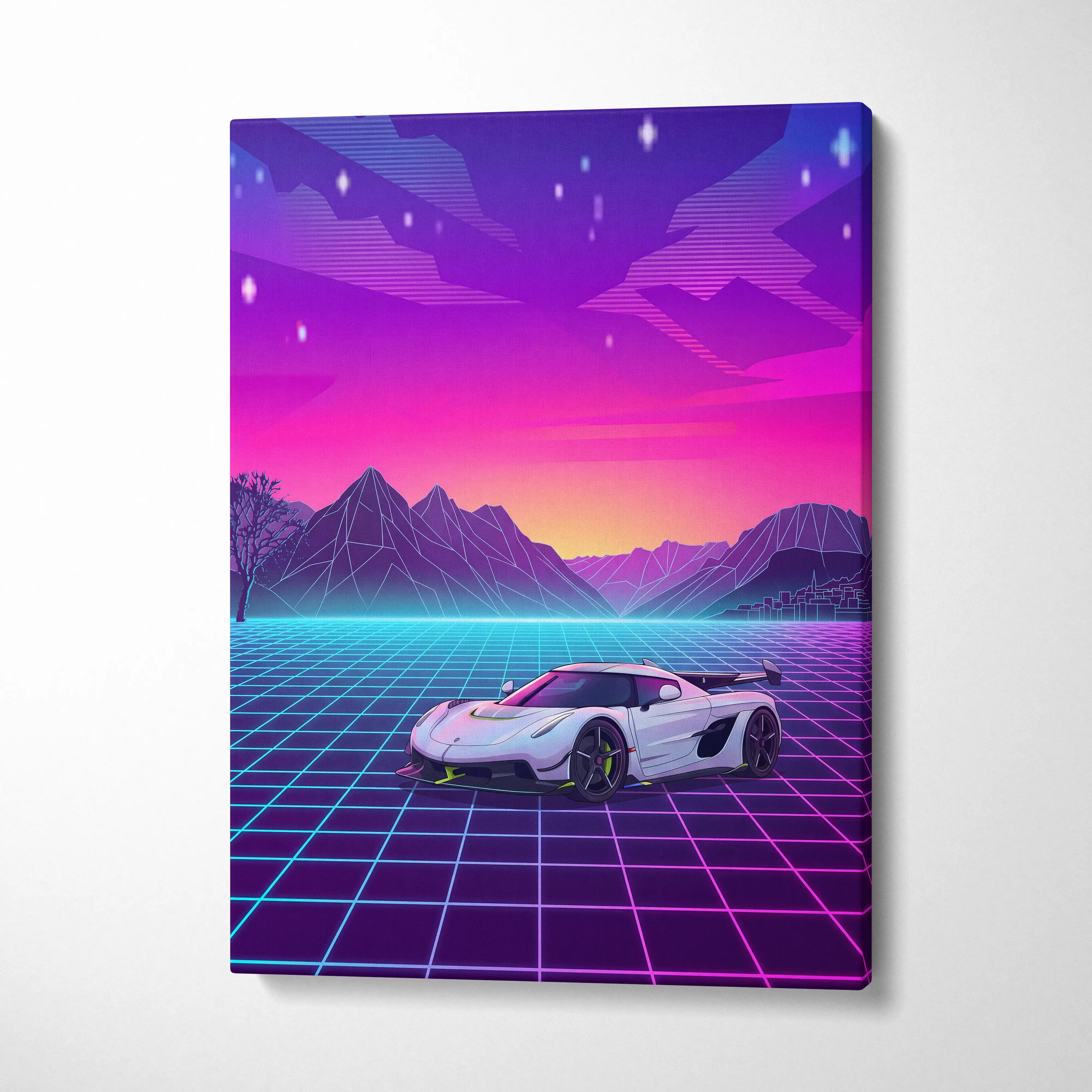 Koenigsegg Jesko Inspired White Pink Canvas Wall Art, Vaporwave Hypercar Artwork, Neon Grid Mountain Decor, Retro Futuristic Exotic Print