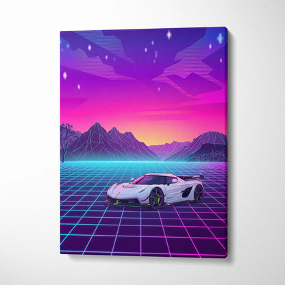 Koenigsegg Jesko Inspired White Pink Canvas Wall Art, Vaporwave Hypercar Artwork, Neon Grid Mountain Decor, Retro Futuristic Exotic Print