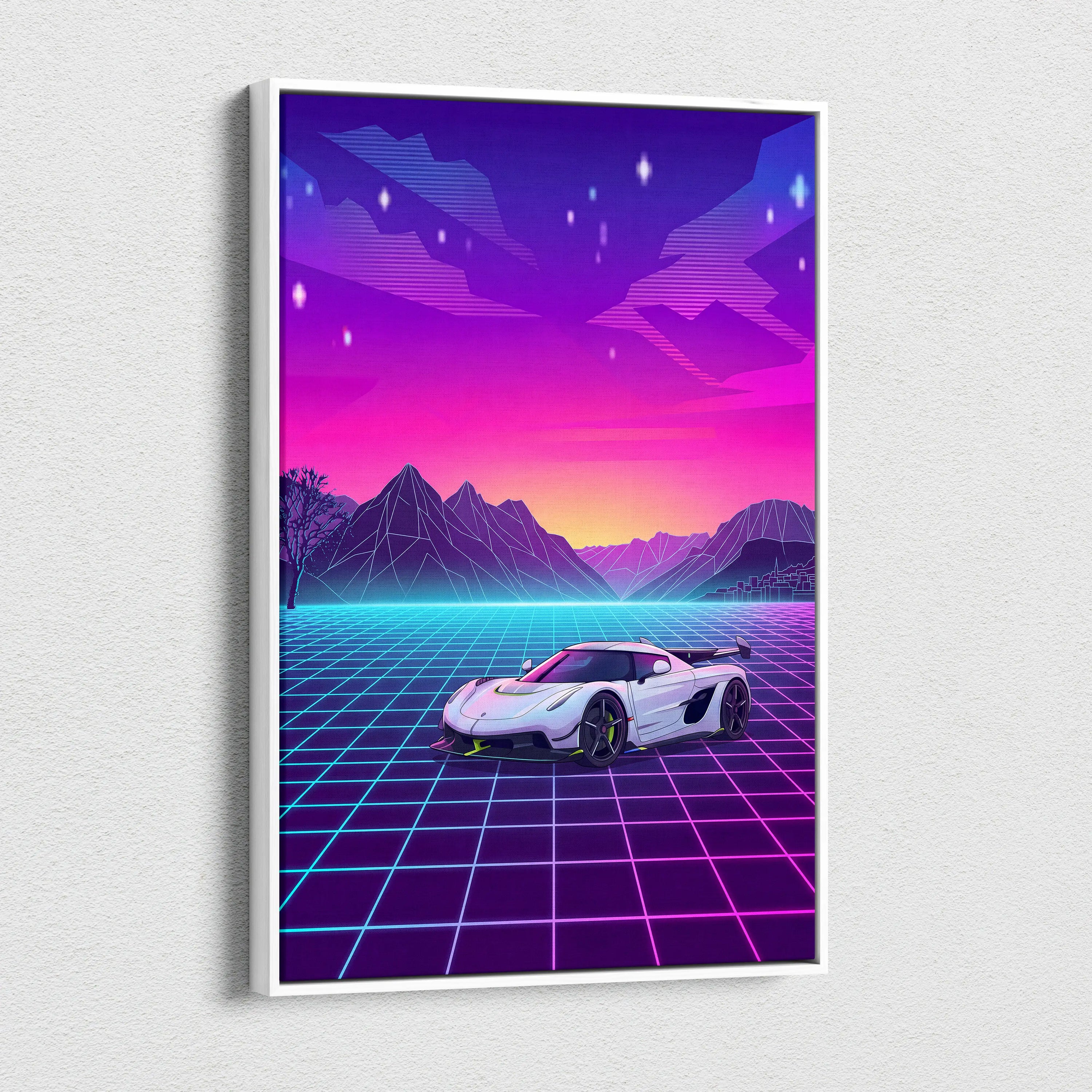 Koenigsegg Jesko Inspired White Pink Canvas Wall Art, Vaporwave Hypercar Artwork, Neon Grid Mountain Decor, Retro Futuristic Exotic Print
