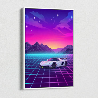 Koenigsegg Jesko Inspired White Pink Canvas Wall Art, Vaporwave Hypercar Artwork, Neon Grid Mountain Decor, Retro Futuristic Exotic Print