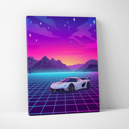 Koenigsegg Jesko Inspired White Pink Canvas Wall Art, Vaporwave Hypercar Artwork, Neon Grid Mountain Decor, Retro Futuristic Exotic Print