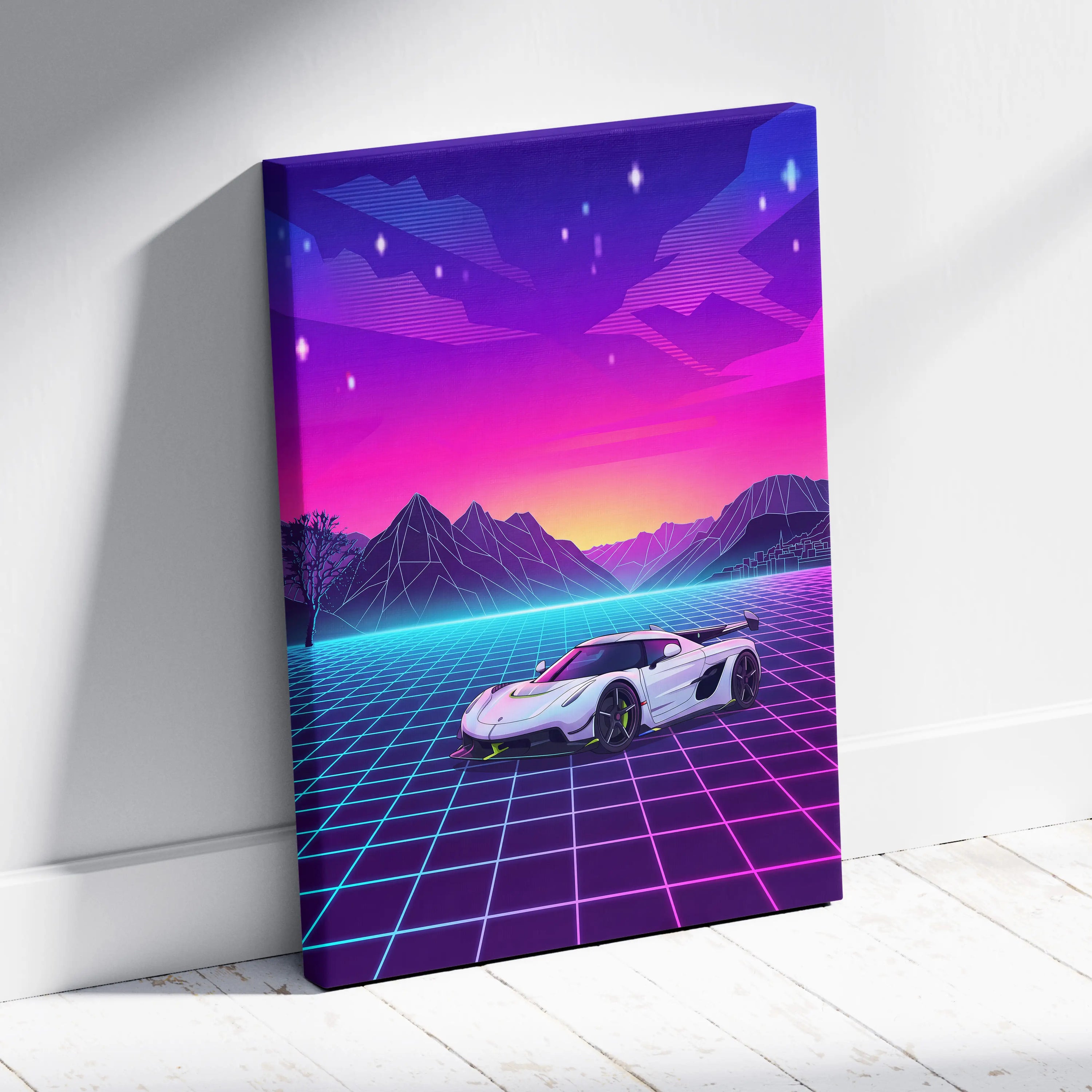 Koenigsegg Jesko Inspired White Pink Canvas Wall Art, Vaporwave Hypercar Artwork, Neon Grid Mountain Decor, Retro Futuristic Exotic Print