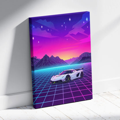 Koenigsegg Jesko Inspired White Pink Canvas Wall Art, Vaporwave Hypercar Artwork, Neon Grid Mountain Decor, Retro Futuristic Exotic Print