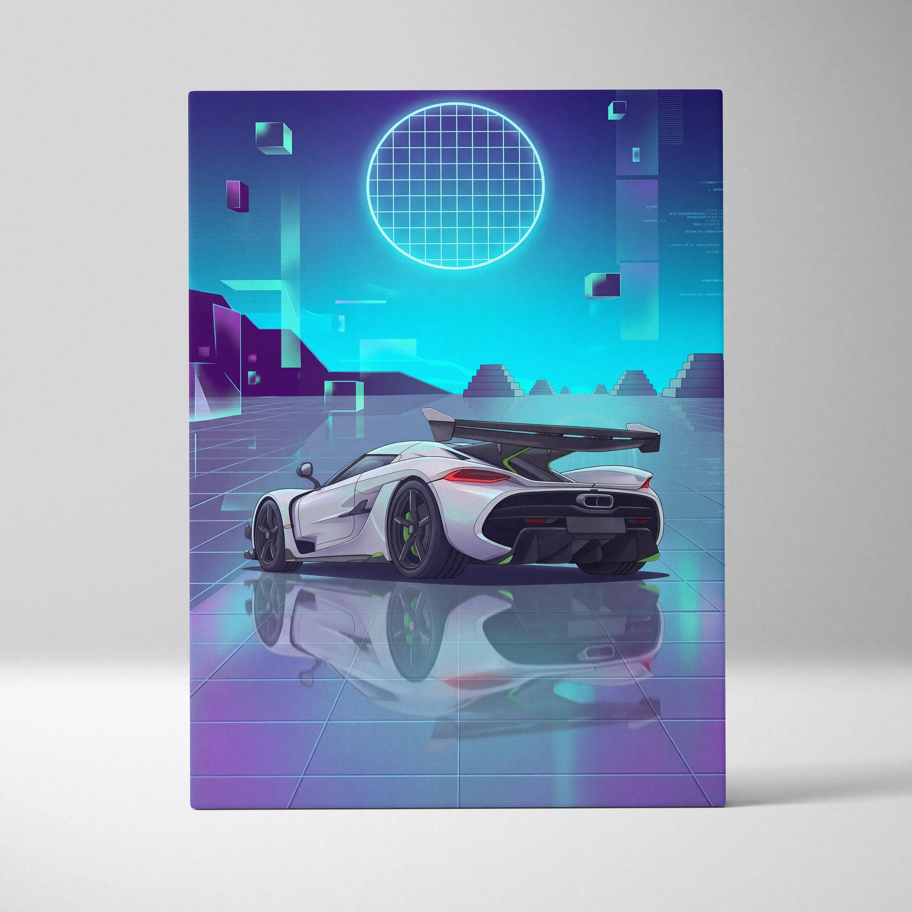 Koenigsegg Jesko Inspired White Teal Canvas Wall Art, Vaporwave Hypercar Artwork, Neon Grid Garage Decor, Retro Futuristic Exotic Print