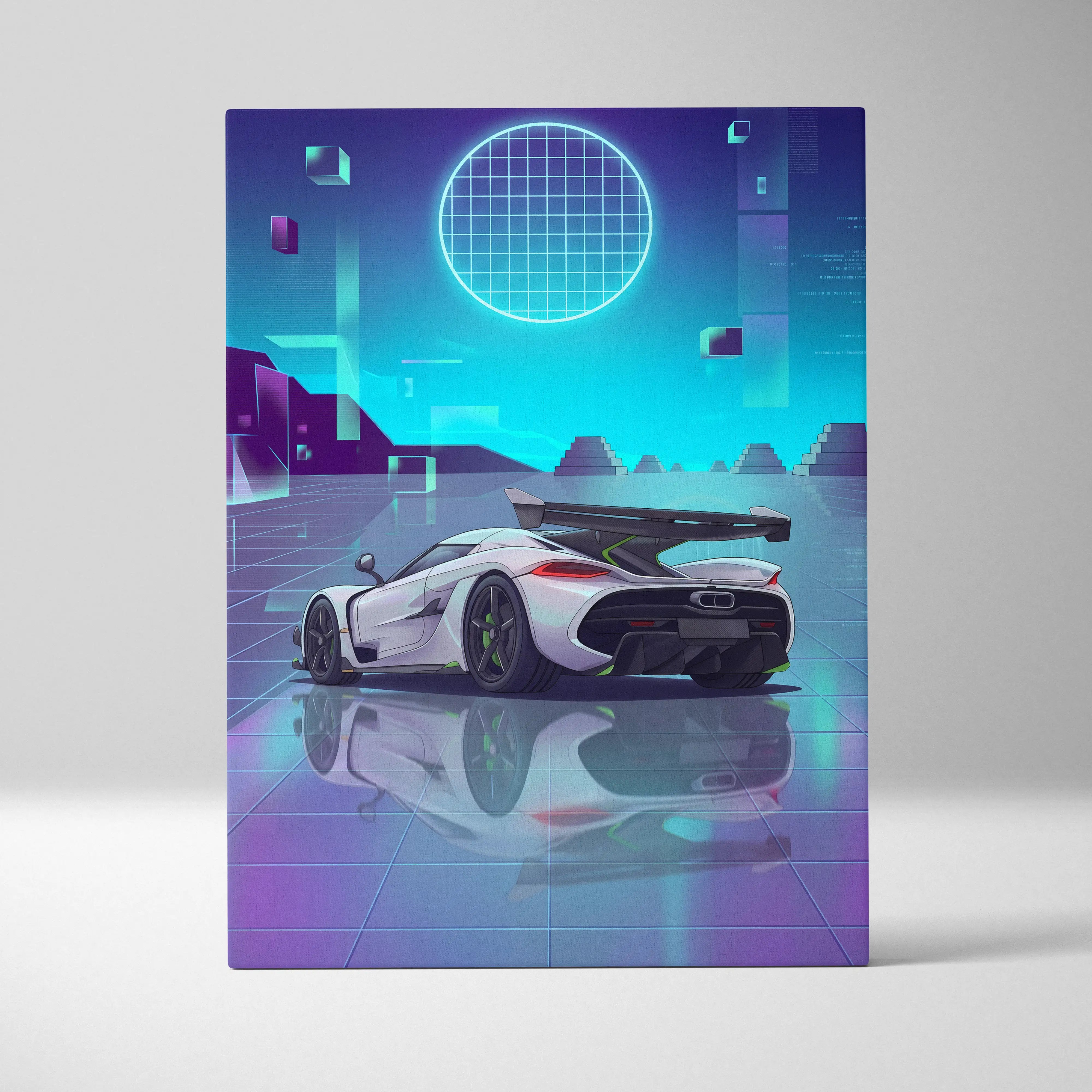 Koenigsegg Jesko inspired white teal canvas wall art featuring a sleek hypercar in a neon futuristic cityscape