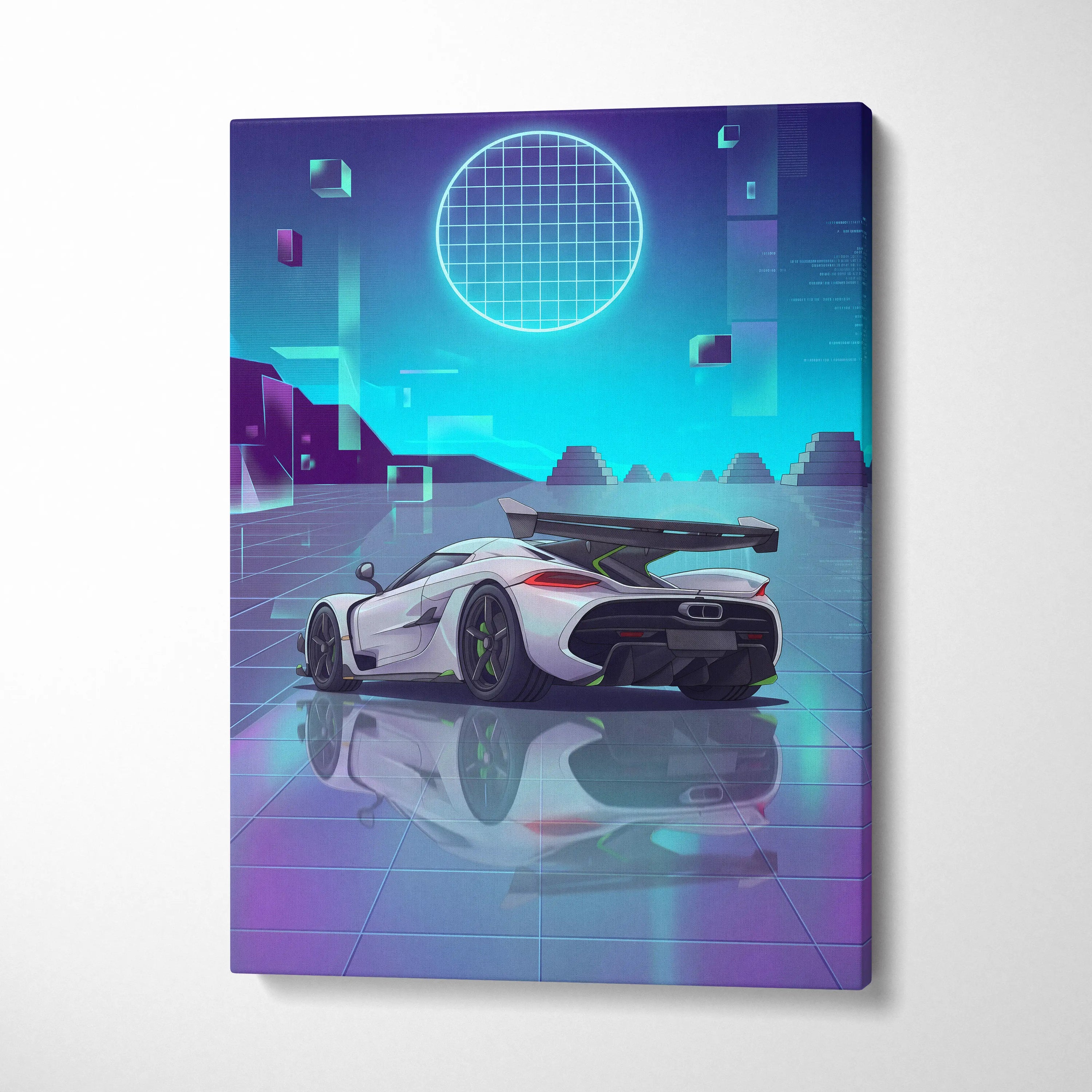 Koenigsegg Jesko Inspired White Teal Canvas Wall Art, Vaporwave Hypercar Artwork, Neon Grid Garage Decor, Retro Futuristic Exotic Print