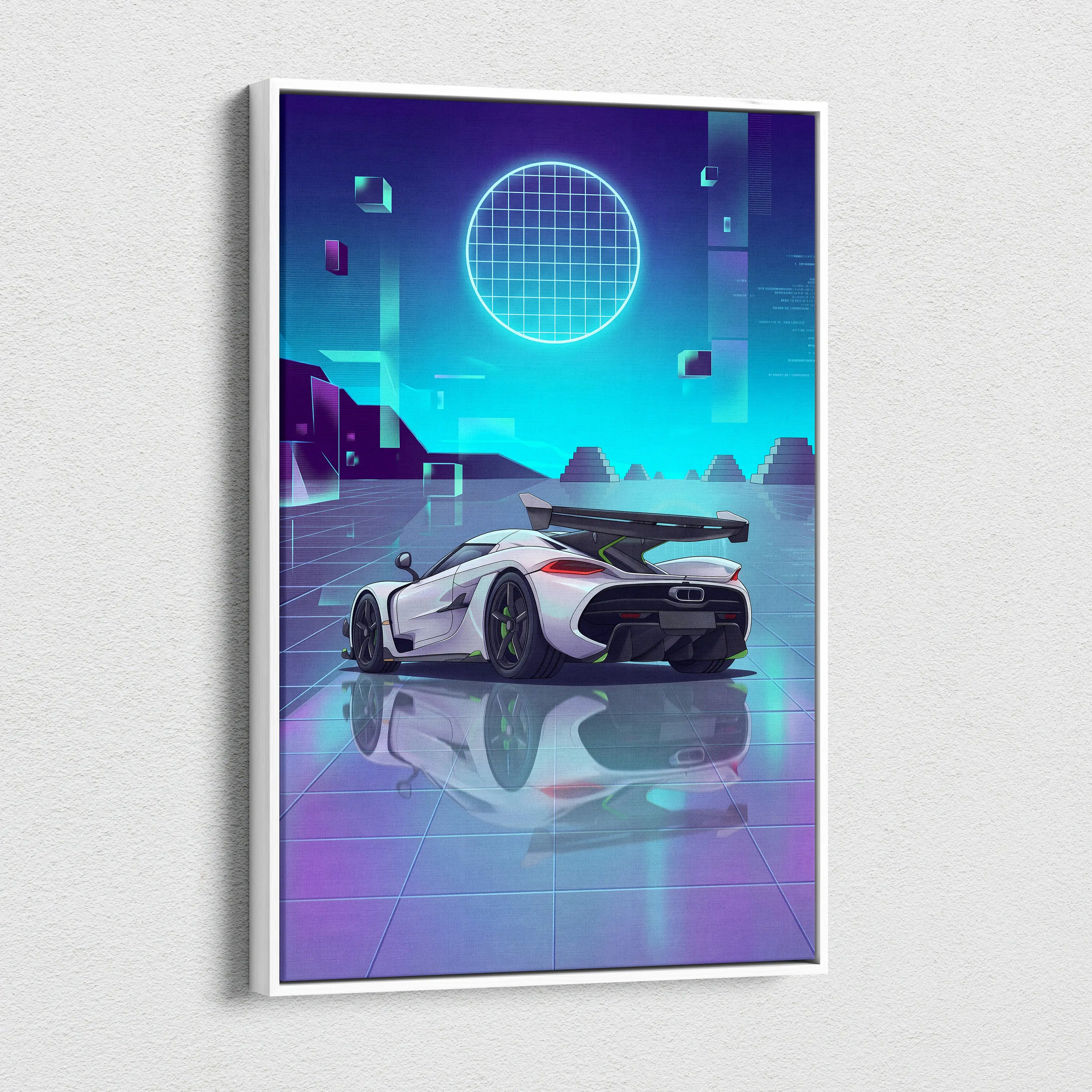 Koenigsegg Jesko Inspired White Teal Canvas Wall Art, Vaporwave Hypercar Artwork, Neon Grid Garage Decor, Retro Futuristic Exotic Print