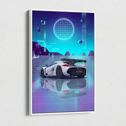 Koenigsegg Jesko Inspired White Teal Canvas Wall Art, Vaporwave Hypercar Artwork, Neon Grid Garage Decor, Retro Futuristic Exotic Print