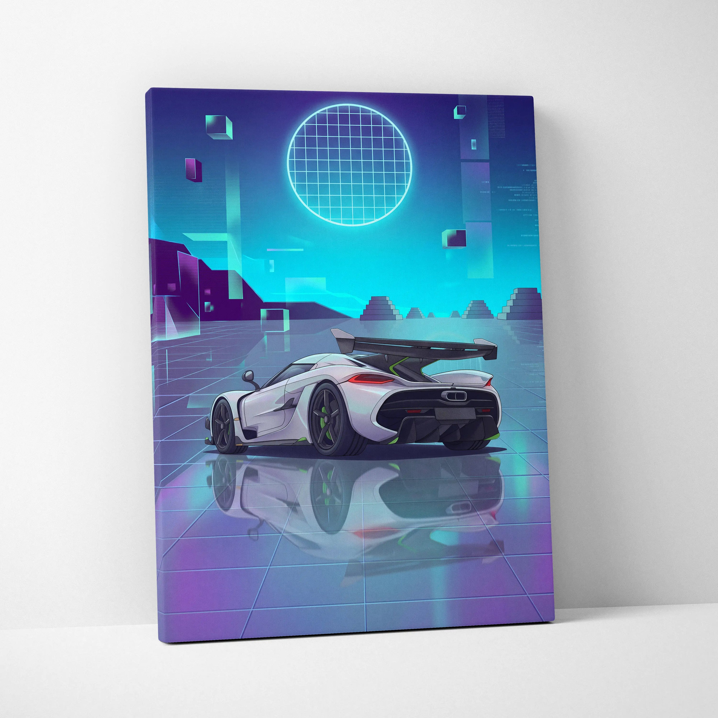 Koenigsegg Jesko Inspired White Teal Canvas Wall Art, Vaporwave Hypercar Artwork, Neon Grid Garage Decor, Retro Futuristic Exotic Print