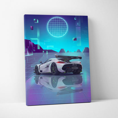 Koenigsegg Jesko Inspired White Teal Canvas Wall Art, Vaporwave Hypercar Artwork, Neon Grid Garage Decor, Retro Futuristic Exotic Print