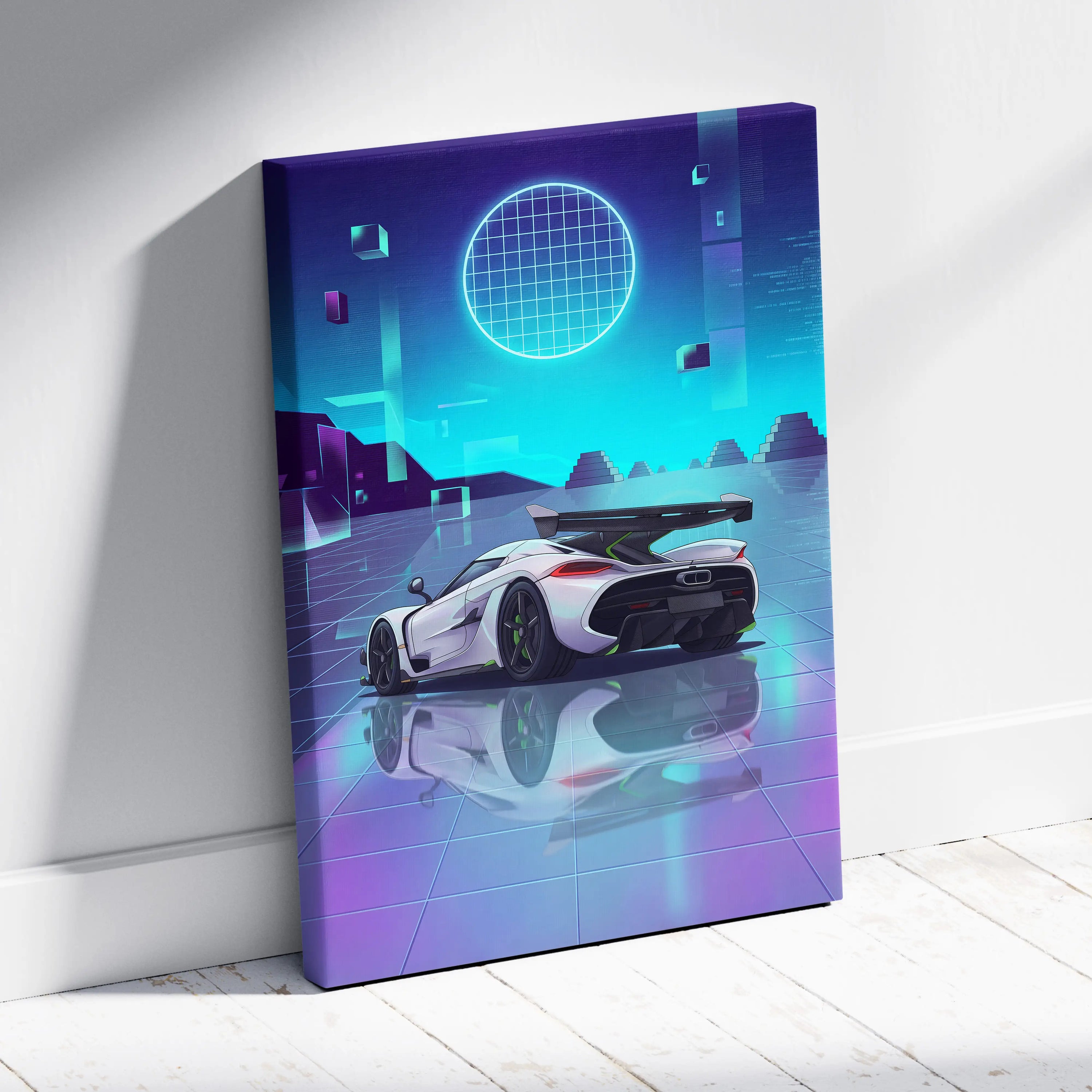 Koenigsegg Jesko Inspired White Teal Canvas Wall Art, Vaporwave Hypercar Artwork, Neon Grid Garage Decor, Retro Futuristic Exotic Print