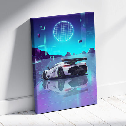 Koenigsegg Jesko Inspired White Teal Canvas Wall Art, Vaporwave Hypercar Artwork, Neon Grid Garage Decor, Retro Futuristic Exotic Print
