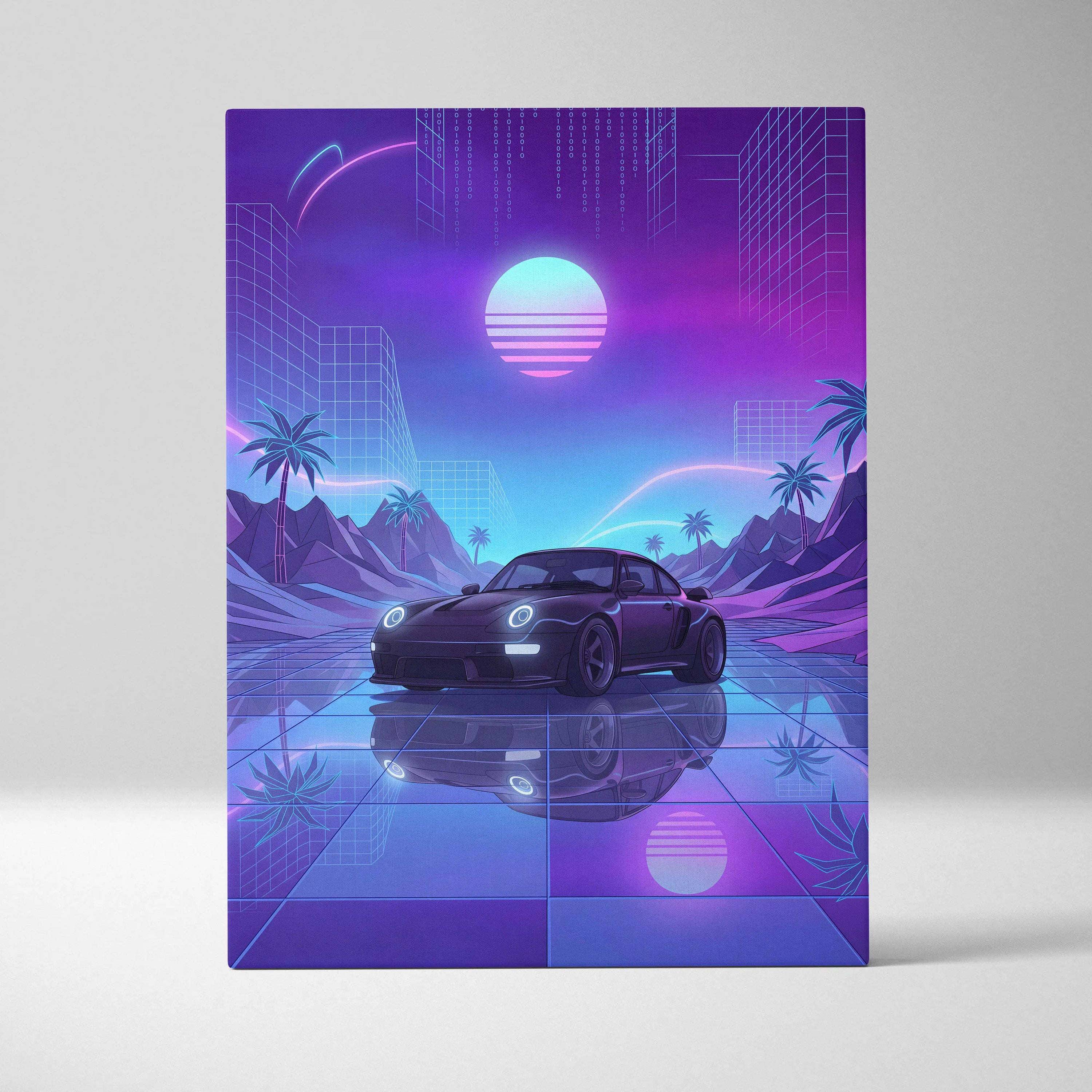 Porsche 911 Turbo Classic Inspired Black Purple Canvas Wall Art, Vaporwave Sports Car Artwork, Neon City Garage Decor, Retro Futuristic Auto Print