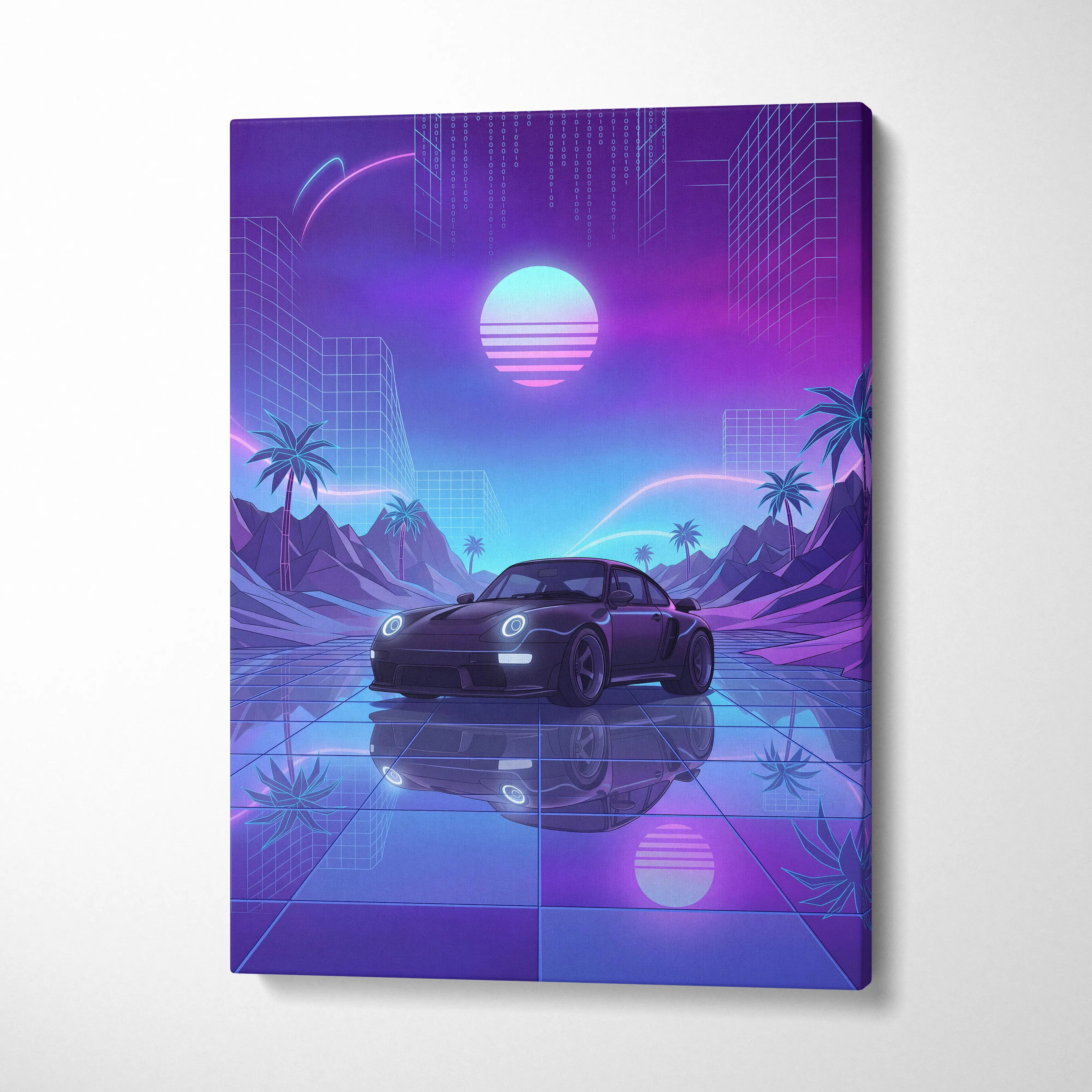Porsche 911 Turbo Classic Inspired Black Purple Canvas Wall Art, Vaporwave Sports Car Artwork, Neon City Garage Decor, Retro Futuristic Auto Print