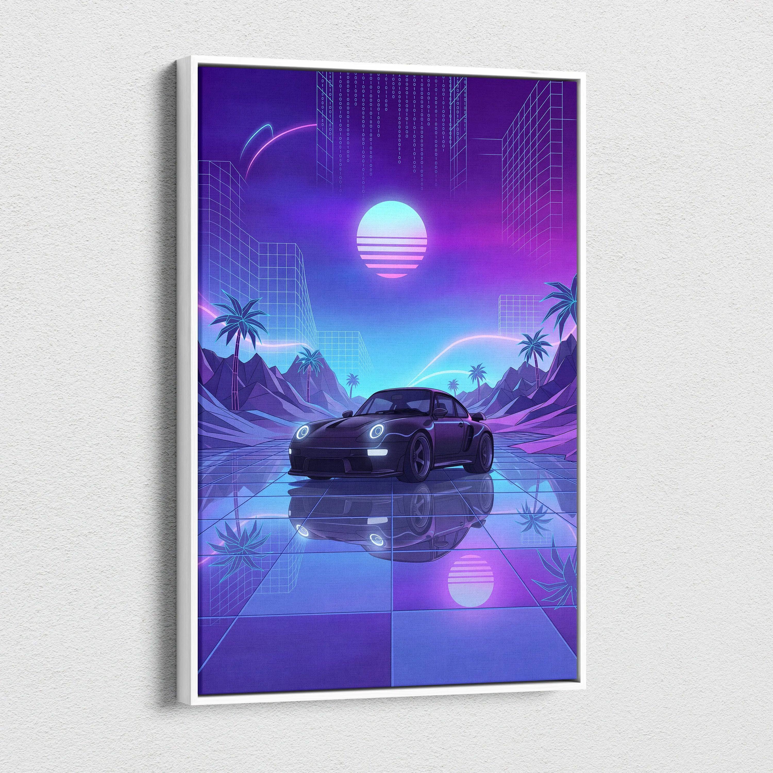 Porsche 911 Turbo Classic Inspired Black Purple Canvas Wall Art, Vaporwave Sports Car Artwork, Neon City Garage Decor, Retro Futuristic Auto Print
