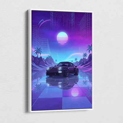 Porsche 911 Turbo Classic Inspired Black Purple Canvas Wall Art, Vaporwave Sports Car Artwork, Neon City Garage Decor, Retro Futuristic Auto Print