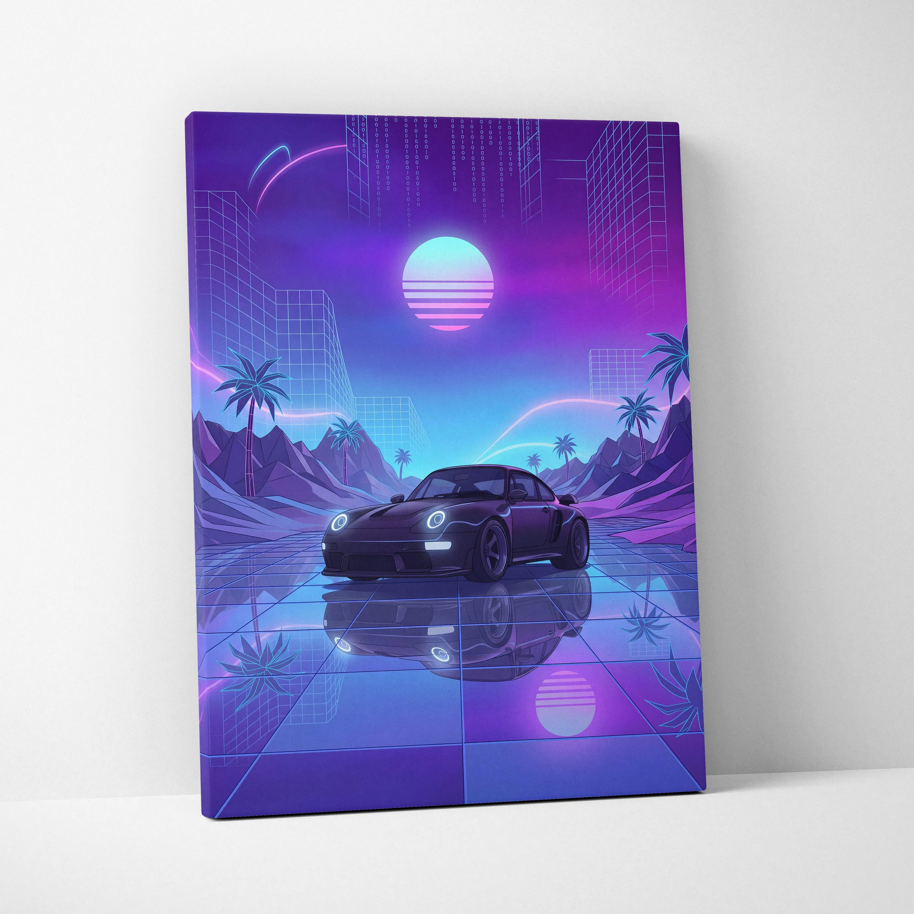 Porsche 911 Turbo Classic Inspired Black Purple Canvas Wall Art, Vaporwave Sports Car Artwork, Neon City Garage Decor, Retro Futuristic Auto Print