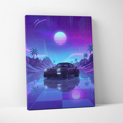 Porsche 911 Turbo Classic Inspired Black Purple Canvas Wall Art, Vaporwave Sports Car Artwork, Neon City Garage Decor, Retro Futuristic Auto Print
