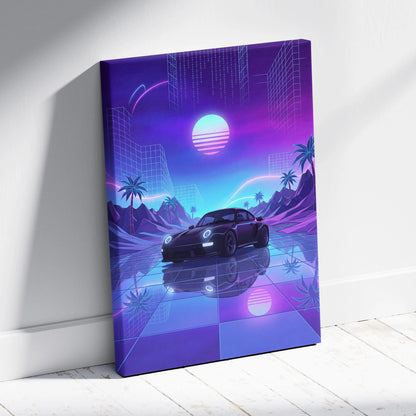 Porsche 911 Turbo Classic Inspired Black Purple Canvas Wall Art, Vaporwave Sports Car Artwork, Neon City Garage Decor, Retro Futuristic Auto Print