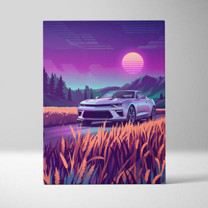 Chevrolet Camaro Inspired Silver Purple Canvas Wall Art, Vaporwave Muscle Car Artwork, Neon Mountain Garage Decor, Retro Futuristic Auto Print