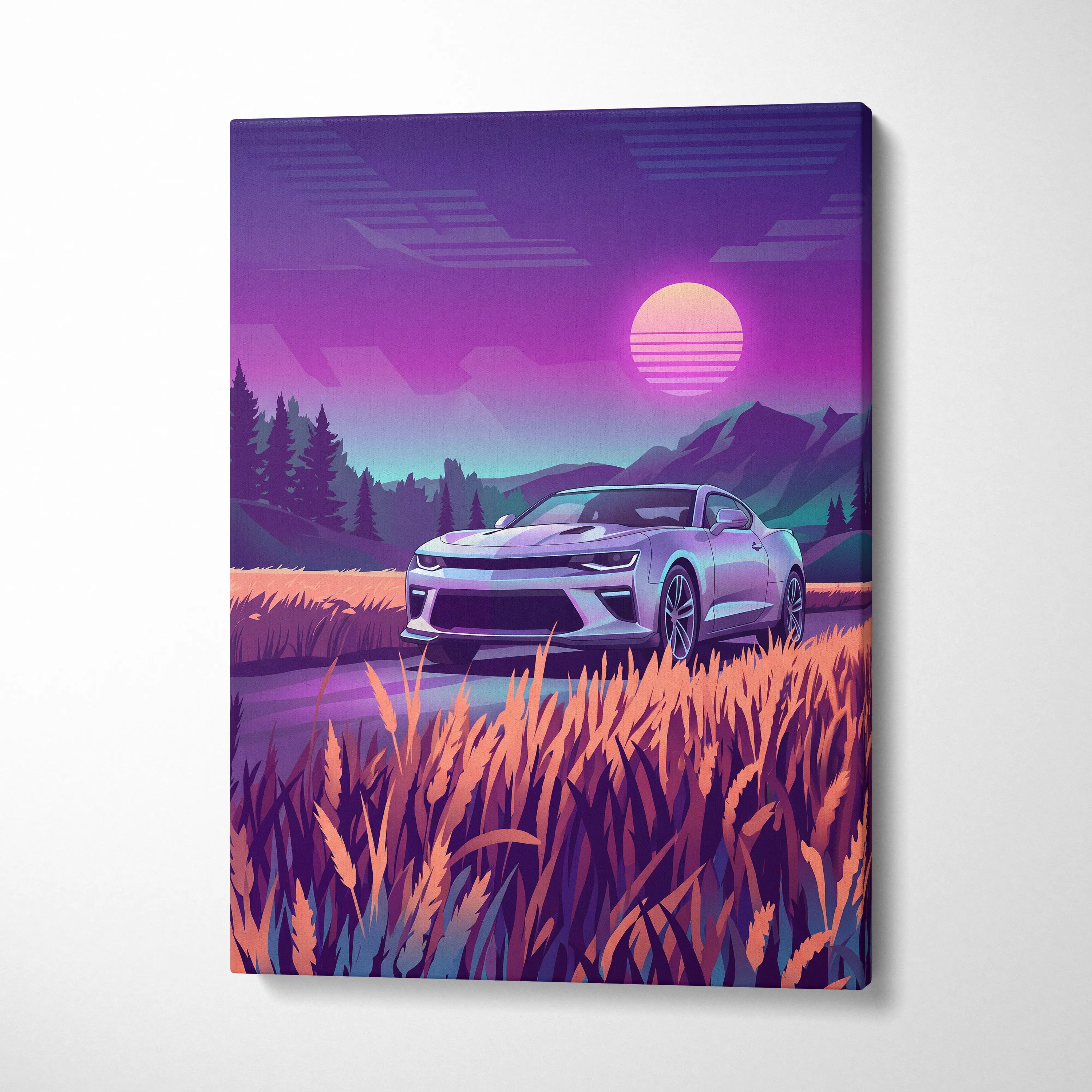 Chevrolet Camaro Inspired Silver Purple Canvas Wall Art, Vaporwave Muscle Car Artwork, Neon Mountain Garage Decor, Retro Futuristic Auto Print