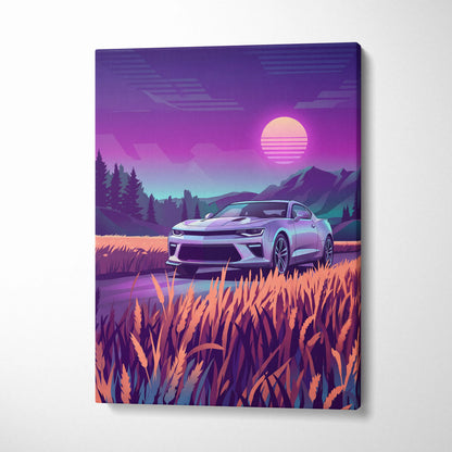 Chevrolet Camaro Inspired Silver Purple Canvas Wall Art, Vaporwave Muscle Car Artwork, Neon Mountain Garage Decor, Retro Futuristic Auto Print