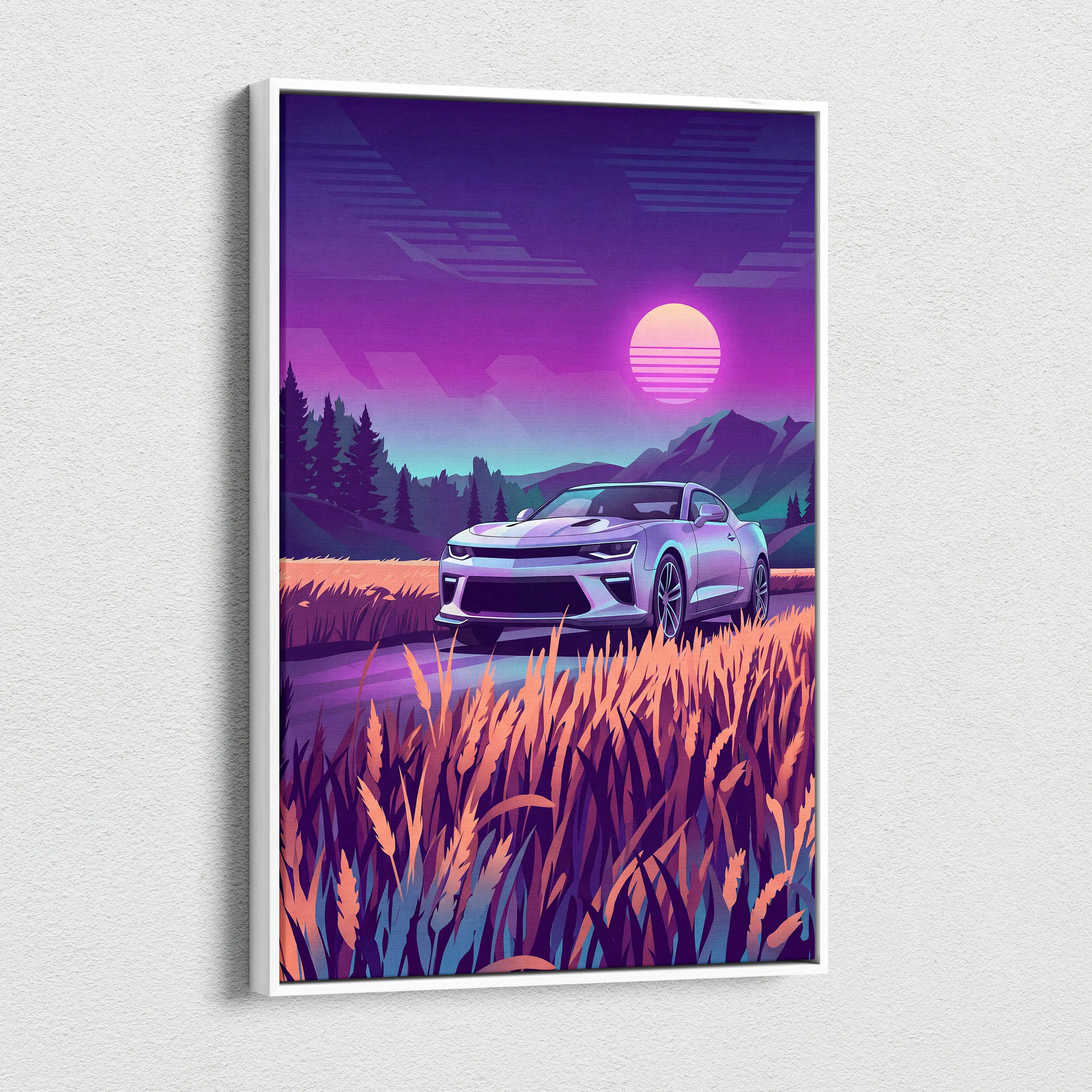 Chevrolet Camaro Inspired Silver Purple Canvas Wall Art, Vaporwave Muscle Car Artwork, Neon Mountain Garage Decor, Retro Futuristic Auto Print