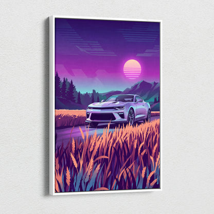 Chevrolet Camaro Inspired Silver Purple Canvas Wall Art, Vaporwave Muscle Car Artwork, Neon Mountain Garage Decor, Retro Futuristic Auto Print