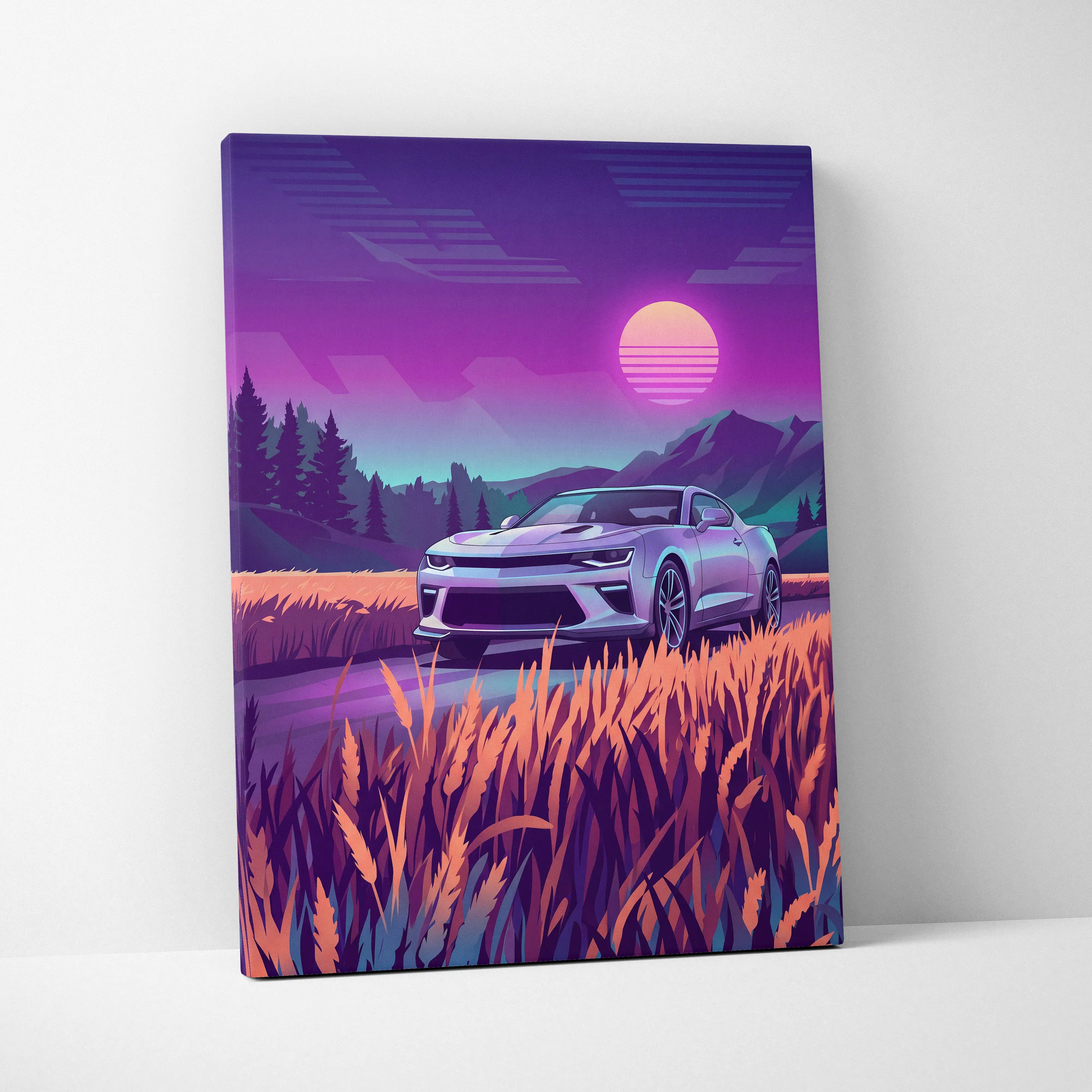 Chevrolet Camaro Inspired Silver Purple Canvas Wall Art, Vaporwave Muscle Car Artwork, Neon Mountain Garage Decor, Retro Futuristic Auto Print