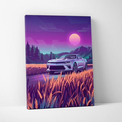 Chevrolet Camaro Inspired Silver Purple Canvas Wall Art, Vaporwave Muscle Car Artwork, Neon Mountain Garage Decor, Retro Futuristic Auto Print