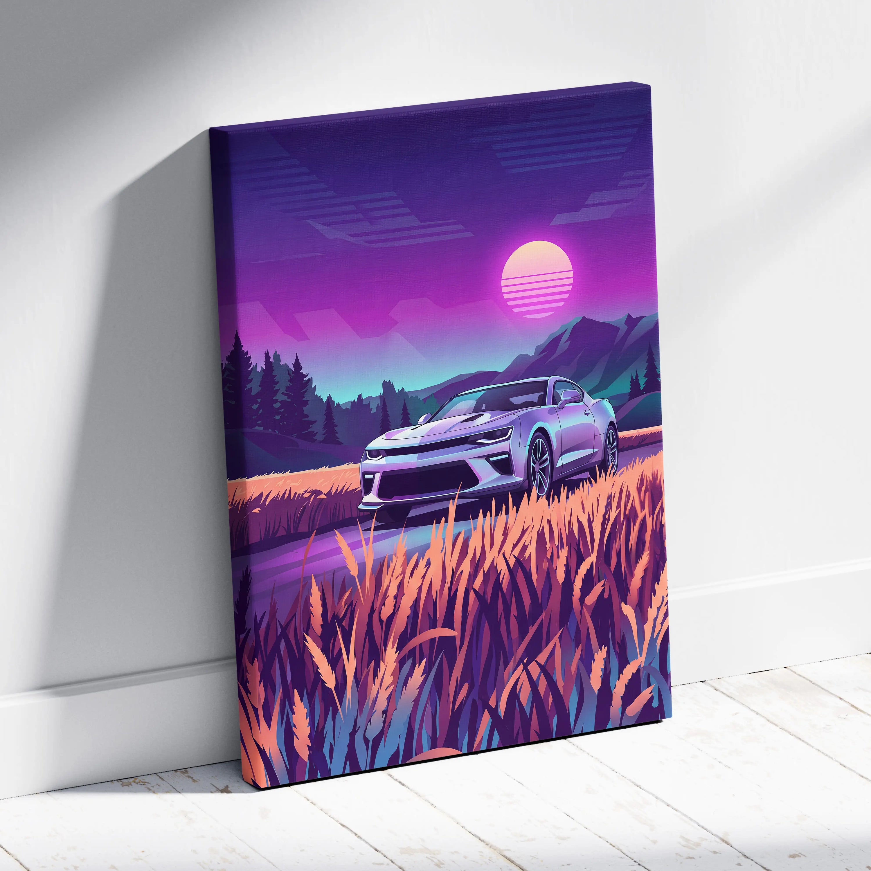 Chevrolet Camaro Inspired Silver Purple Canvas Wall Art, Vaporwave Muscle Car Artwork, Neon Mountain Garage Decor, Retro Futuristic Auto Print