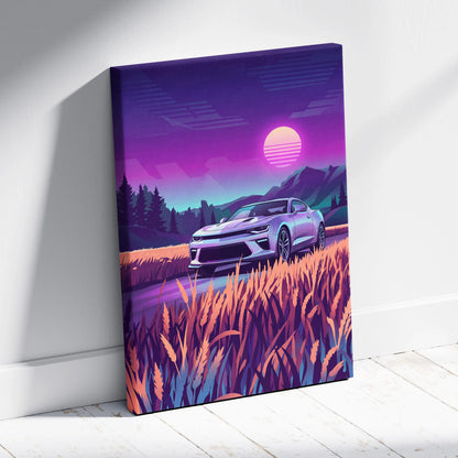 Chevrolet Camaro Inspired Silver Purple Canvas Wall Art, Vaporwave Muscle Car Artwork, Neon Mountain Garage Decor, Retro Futuristic Auto Print