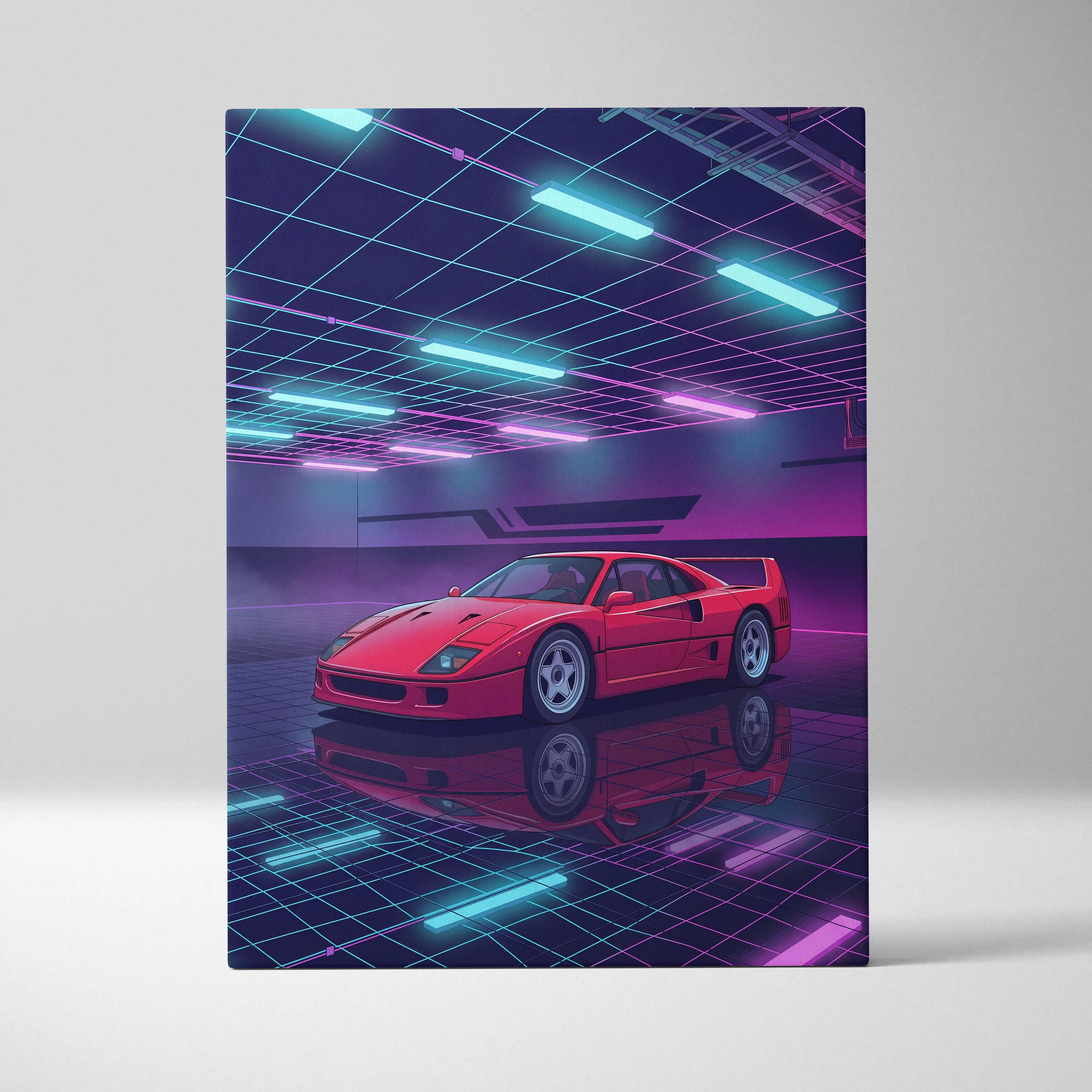Ferrari F40 Inspired Red Purple Canvas Wall Art, Vaporwave Supercar Artwork, Neon Grid Garage Decor, Retro Futuristic Exotic Print
