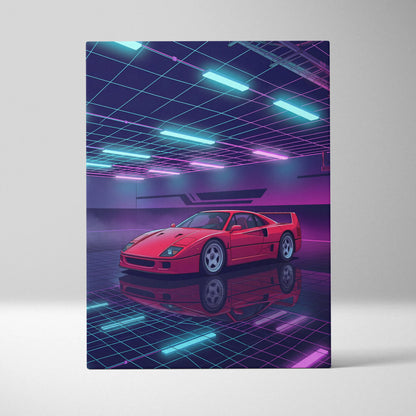 Ferrari F40 Inspired Red Purple Canvas Wall Art, Vaporwave Supercar Artwork, Neon Grid Garage Decor, Retro Futuristic Exotic Print