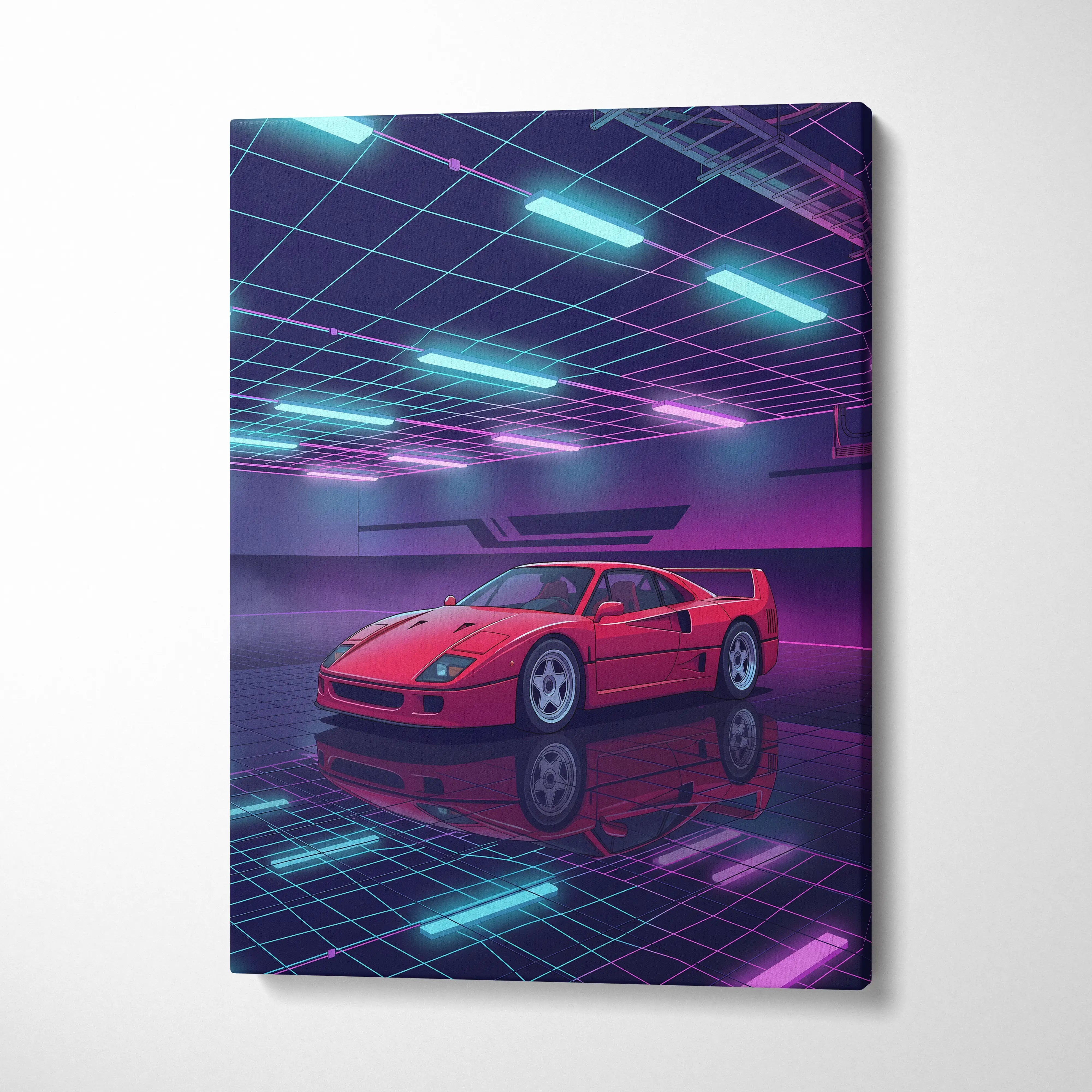 Ferrari F40 Inspired Red Purple Canvas Wall Art, Vaporwave Supercar Artwork, Neon Grid Garage Decor, Retro Futuristic Exotic Print
