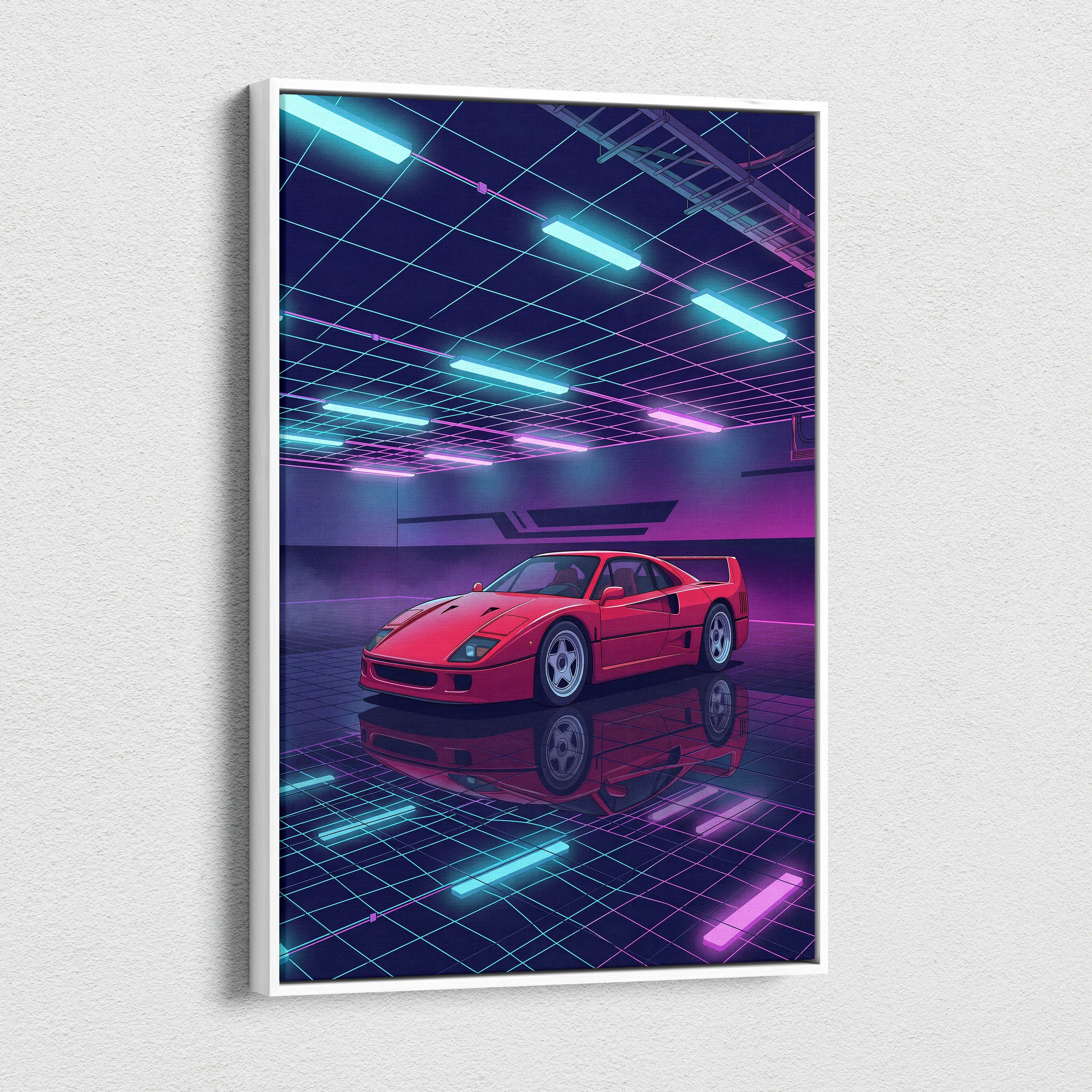 Ferrari F40 Inspired Red Purple Canvas Wall Art, Vaporwave Supercar Artwork, Neon Grid Garage Decor, Retro Futuristic Exotic Print