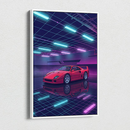 Ferrari F40 Inspired Red Purple Canvas Wall Art, Vaporwave Supercar Artwork, Neon Grid Garage Decor, Retro Futuristic Exotic Print