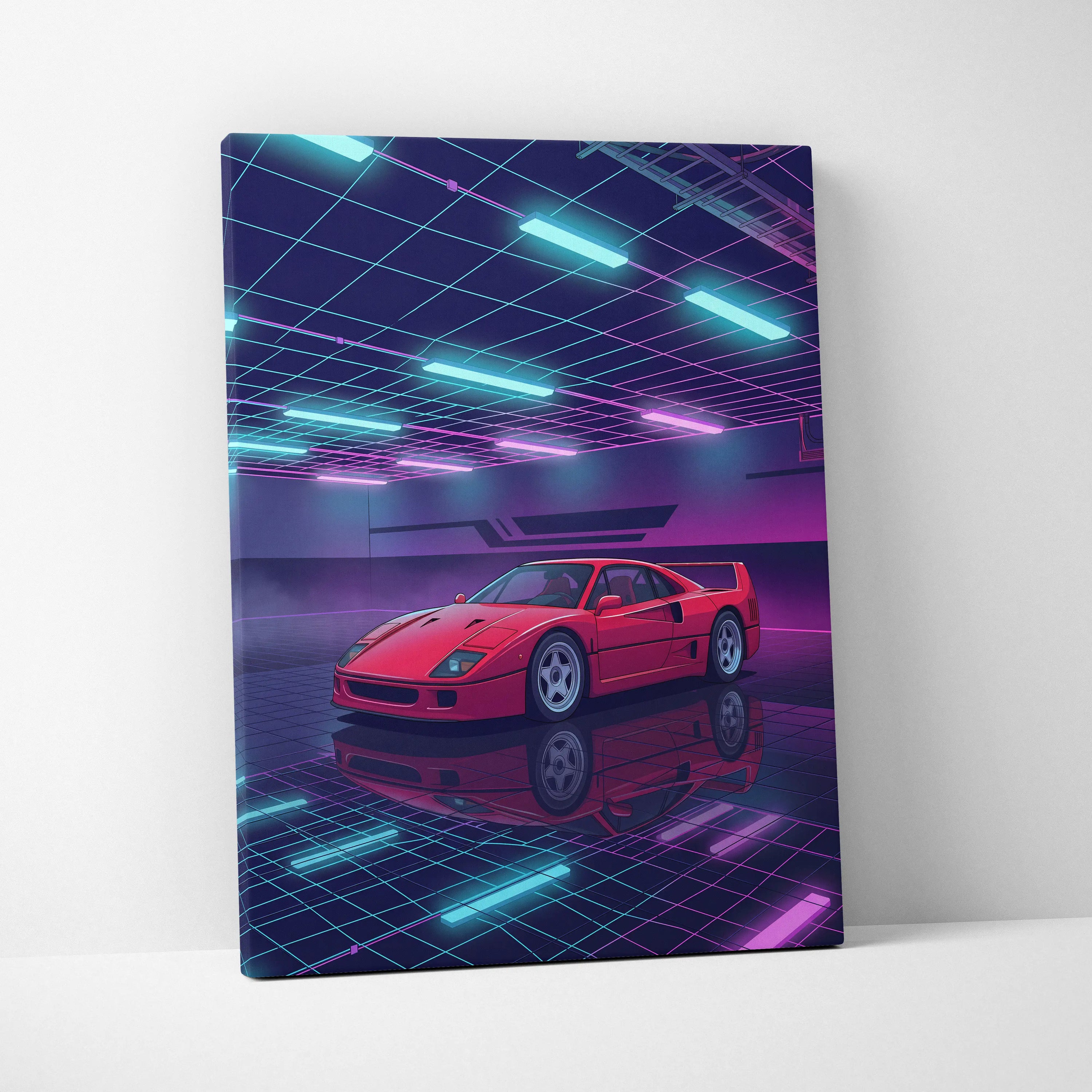 Ferrari F40 Inspired Red Purple Canvas Wall Art, Vaporwave Supercar Artwork, Neon Grid Garage Decor, Retro Futuristic Exotic Print